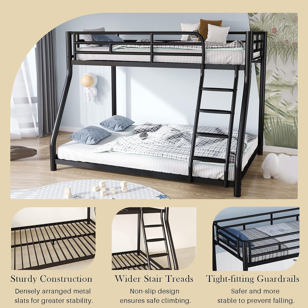 Metal Bunk Bed, Twin Over Full Bunk Bed with Safety Guardrail and Ladder, Hea...