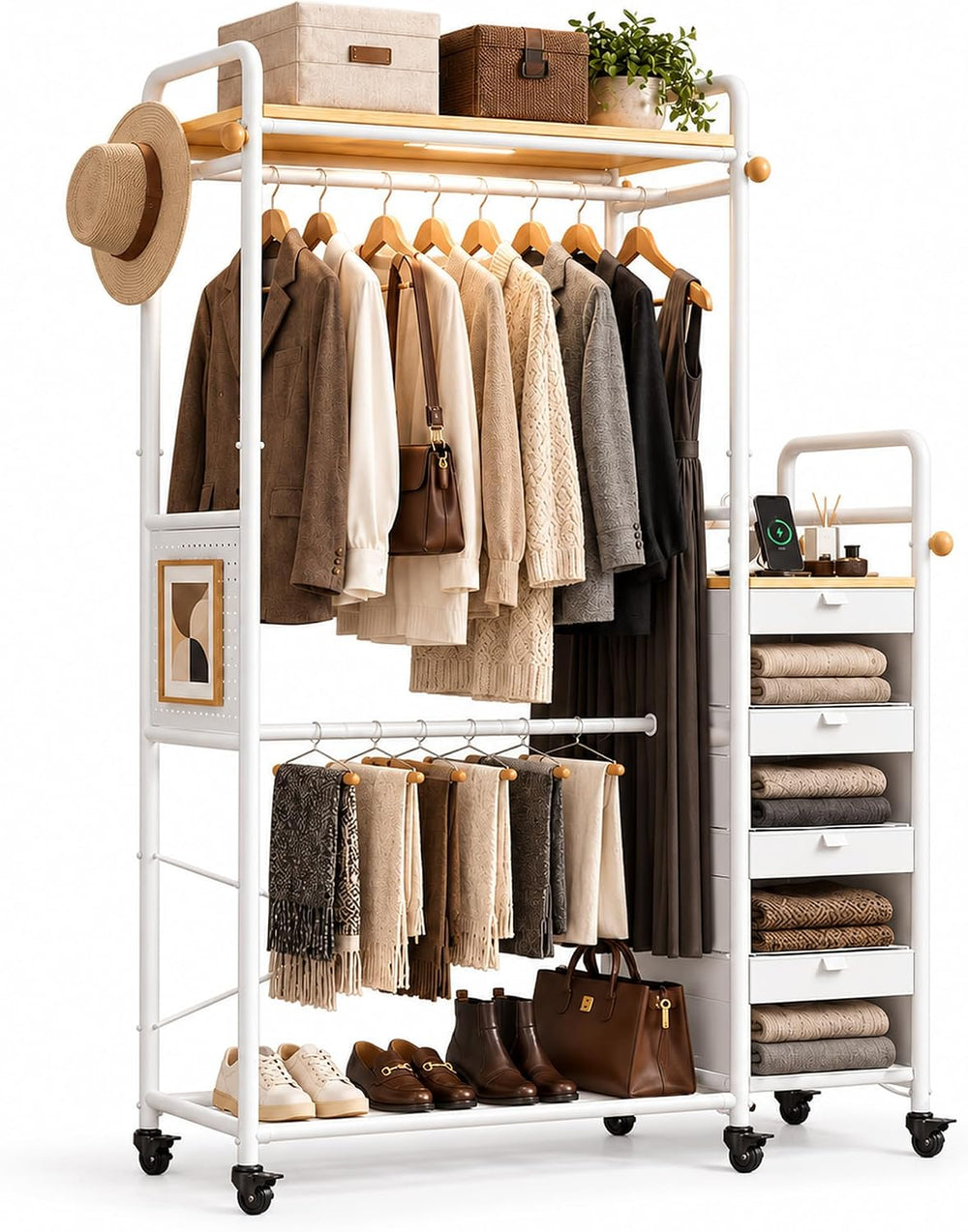 WLIVE Dresser with Hanging Rack, 4 Drawer Dresser for Bedroom, Natural Oak