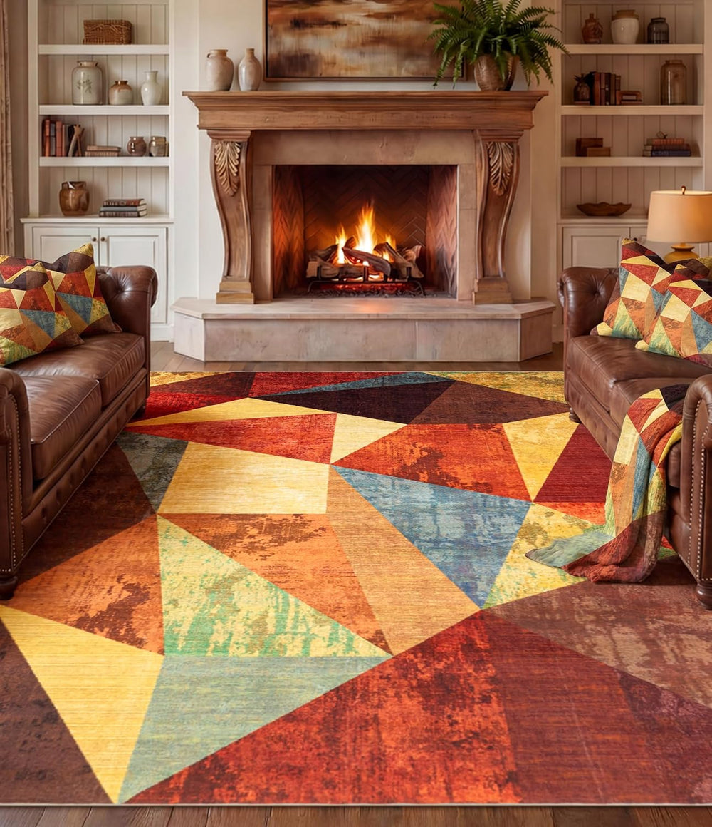 YIHOUSE Brown Area Rug 8x10,Geometric Burnt Orange Area Rug Non Slip,Farmhous...