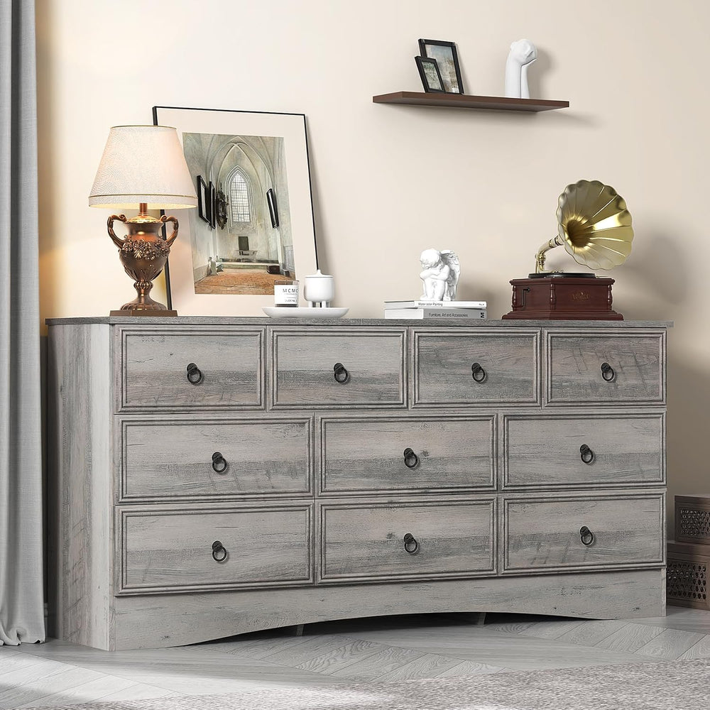 VVFLU 63”W Dressers for Bedroom, Grey Dresser with 10 Deep Drawer, Long Dress...