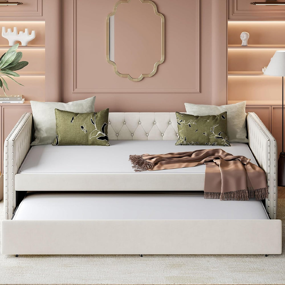 Full Size Upholstered Daybed, Tufted Sofa Bed Frame with Trundle, Corner Day ...
