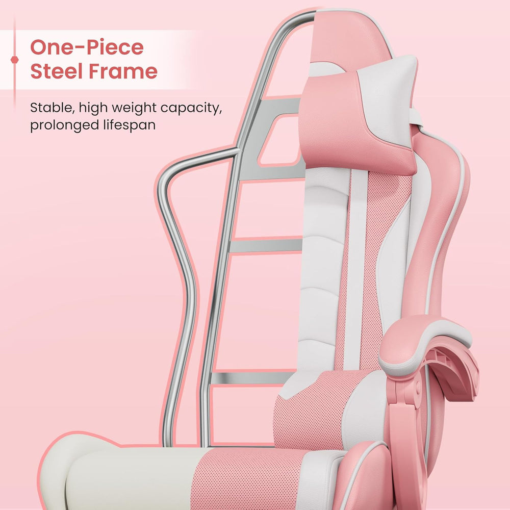 Yaheetech Gaming Chair with Footrest Massage Lumbar Pillow Pink and White