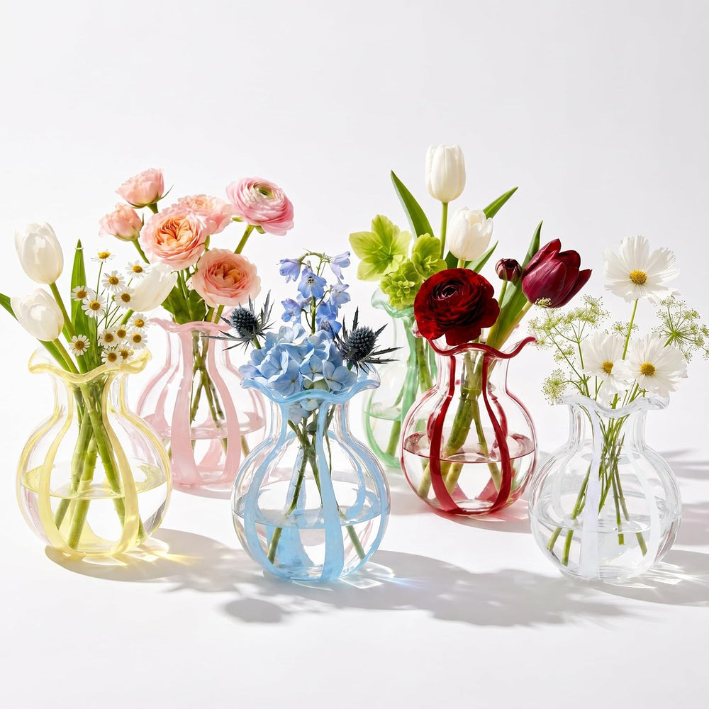 6-Piece 4.5" Ruffled Ribbon Small Vases for Flowers Hand-Blown Glass Vases