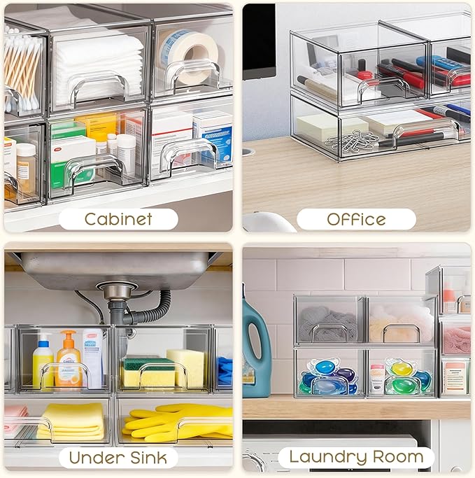 Criusia Stackable Storage Drawers, 4 Pack Clear Plastic Makeup & Bathroom - Image 7