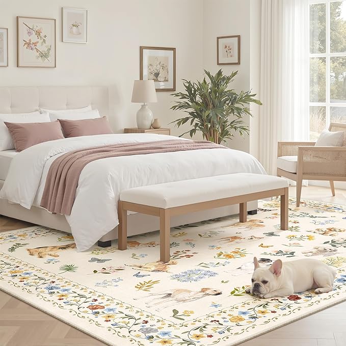 Dog 5x7 Area Rugs for Living Room, Machine Washable Animal Floral Vintage Rug - Image 3