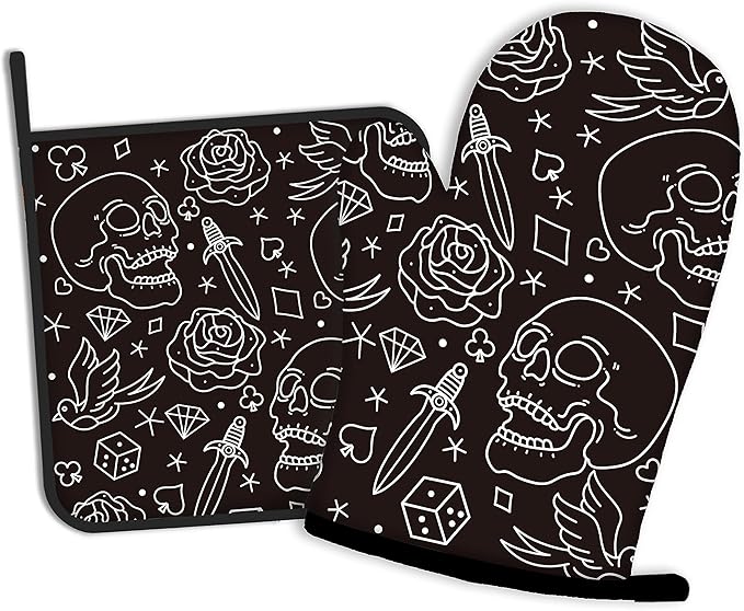 Skull Head with Rose Oven Mitts and Pot Holders Kitchen Cooking Gloves 2 Pcs by Oeaskly