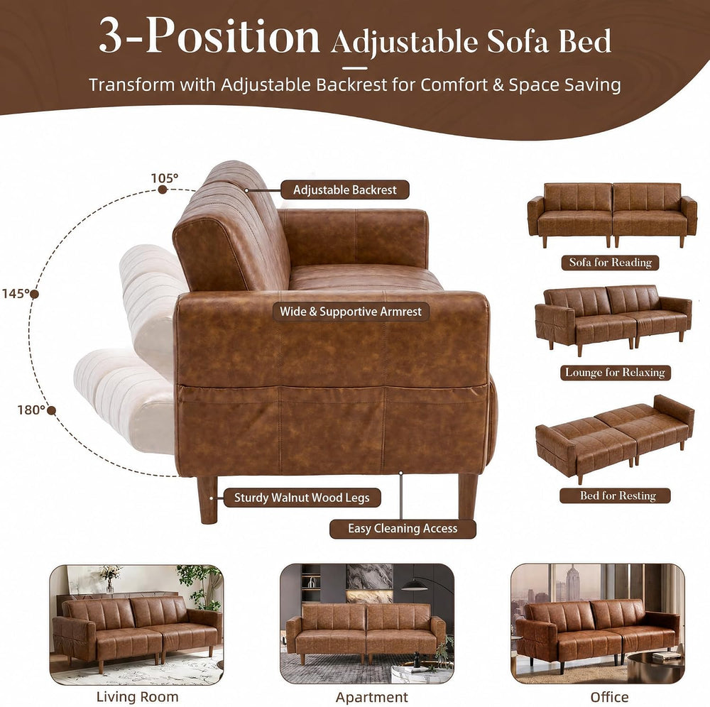 83" Faux Leather Futon Couch,Mid Century Modern Leather Sofa(Brown)
