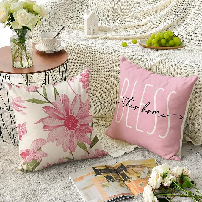 AVOIN colorlife Home Sweet Home Spring Summer Flowers Pink Throw Pillow Covers - Image 4