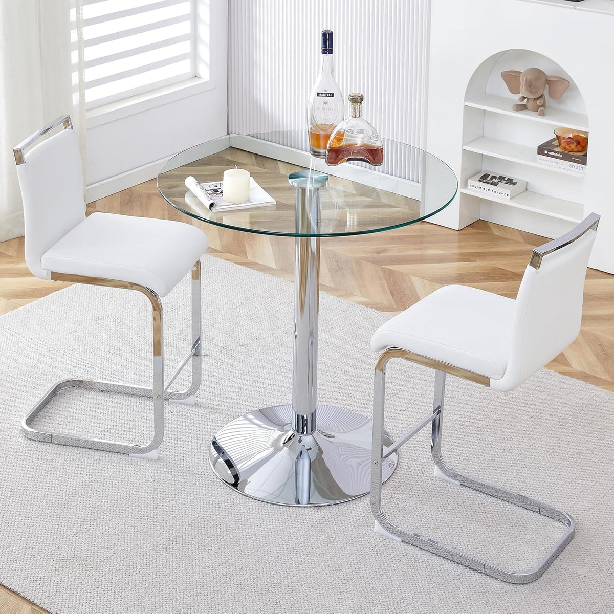 3 Pecies Round Glass Dining Table Set for 2, Small Circle Kitchen Table with Metal Base and White Upholstered Seat High Back PU Leather Chairs, Modern Dining Table and Chairs for livingroom