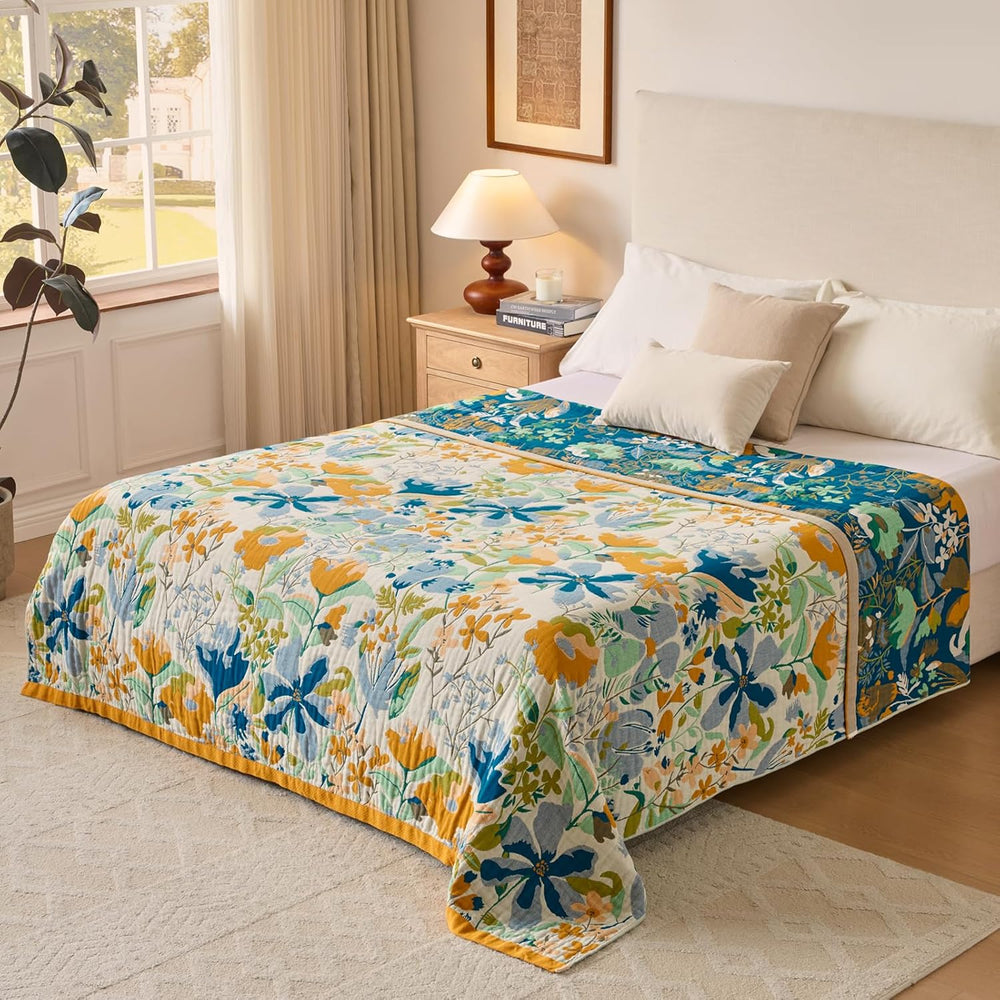 Boho Throw Blanket, 100% Soft Cotton Floral Quilt, King 90"x 98"