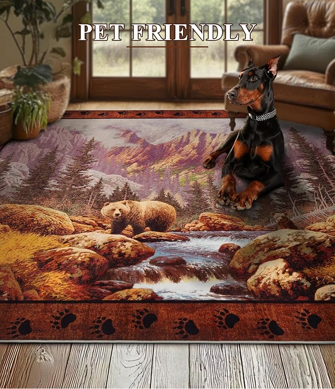 YIHOUSE Rustic Cabin Area Rug for Bedroom 6x9, Machine Washable Woodland Bear - Image 5