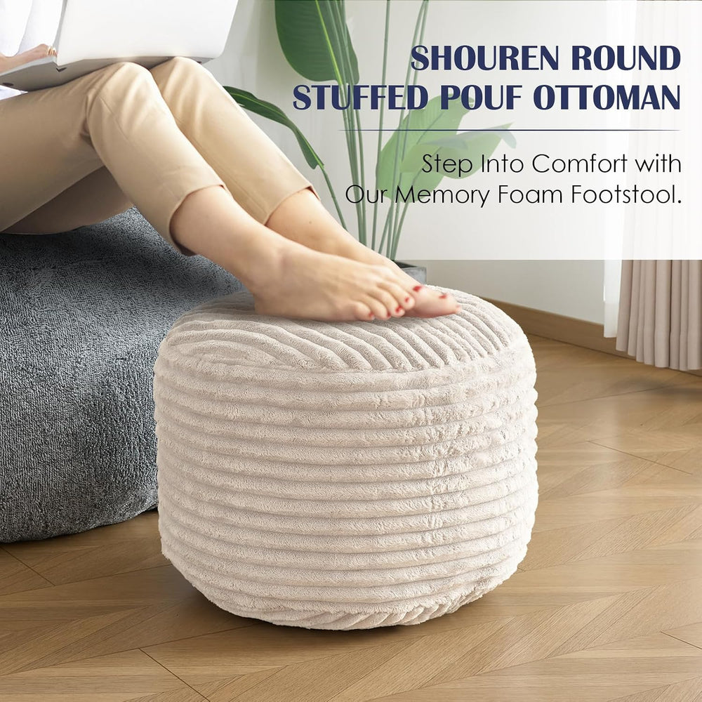 Round Pouf Ottoman,Corduroy Foot Rest,Beige,18x14 in