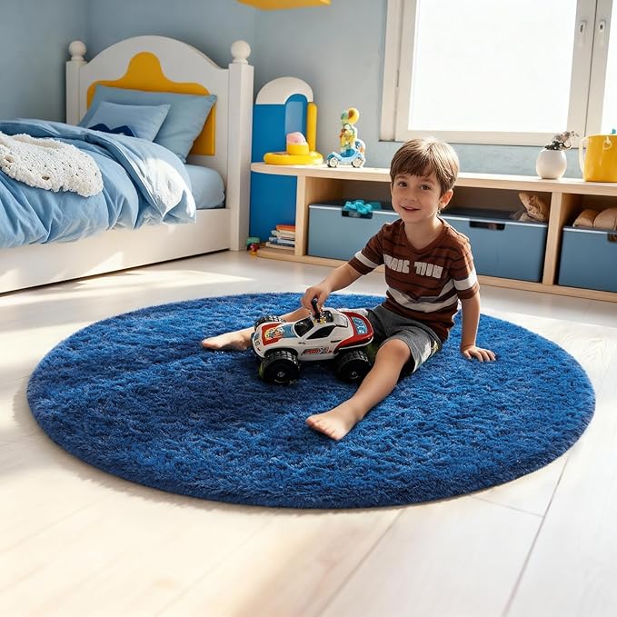 Ophanie Blue Round Rug 4Ft Circle Area Rug, Boys Room Decor, Fluffy Fuzzy Plush - Image 3