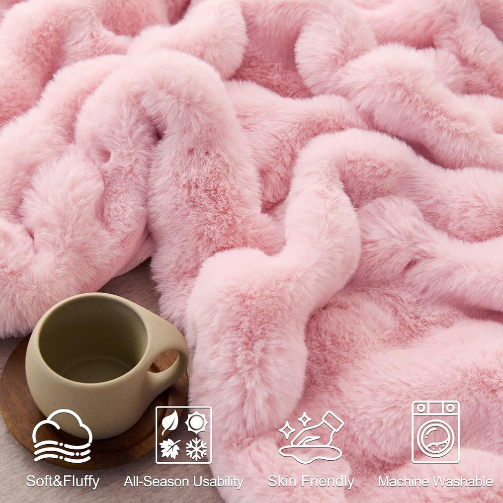 Comelady Faux Rabbit Fur Throw Blanket for Couch, Soft Plush Bubble Blanket