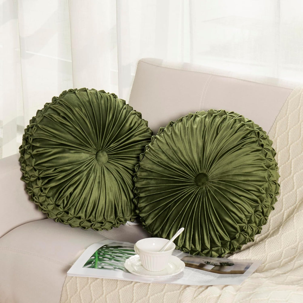 Round Throw Pillow Set of 2 – Decorative Velvet Ruched Pumpkin Pillows with B...