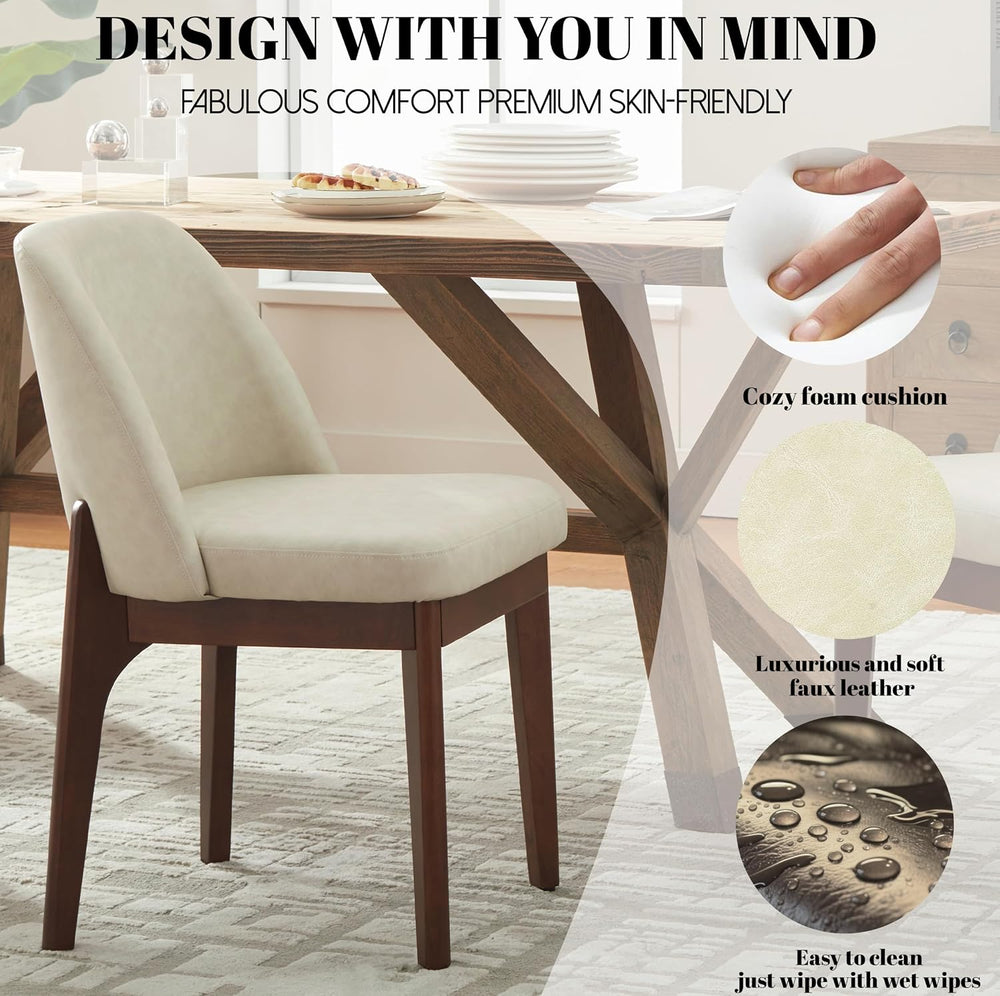 VKNOW Dining Chairs Set of 2, Faux Leather Wooden Kitchen Chairs, Beige
