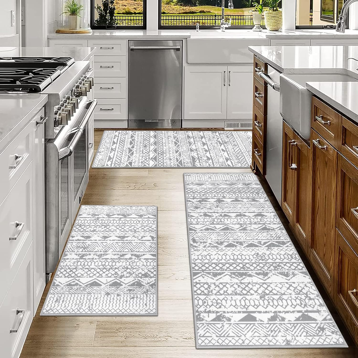 HEBE Boho Kitchen Rugs Set of 3, Non Slip Washable Kitchen Mats for Floor | Farmhouse Kitchen Rug and Runner Set, Soft Vintage Distressed Kitchen Floor Mat Carpet Runners for Hallway, Entryway, Laundry