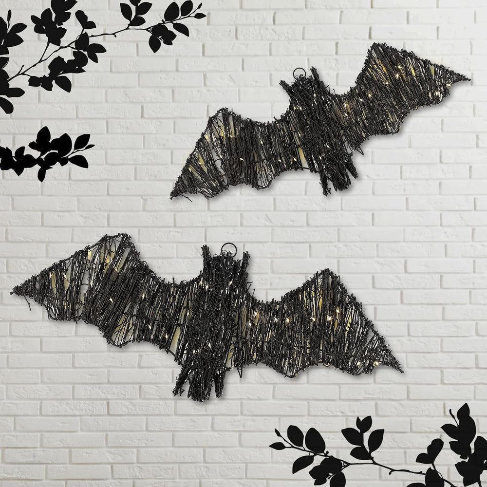 Glooglitter 2 Pcs Halloween Rattan Bats 3D Lit Woven Bat with Timer Remote