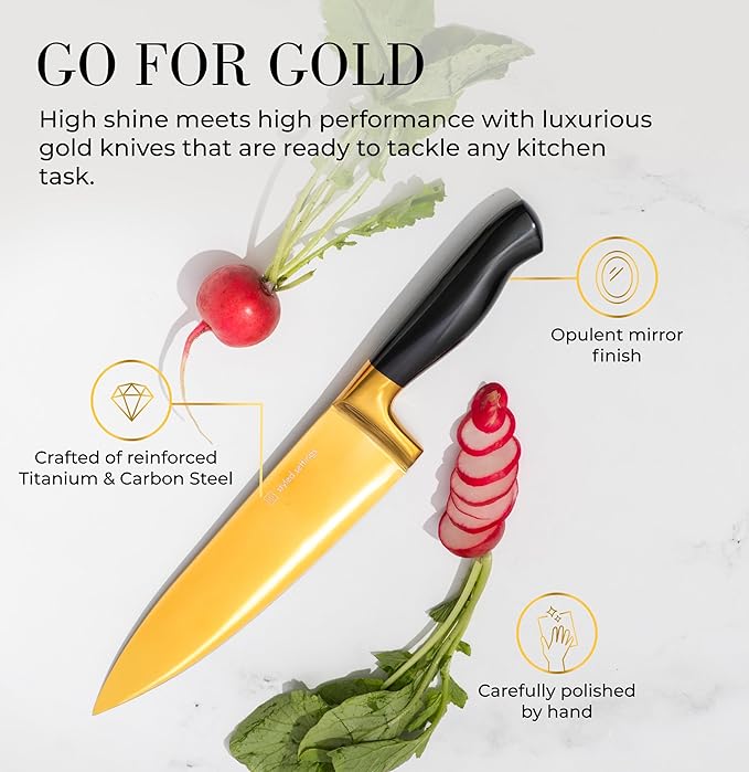 Black and Gold Knife Set with Block and Sharpener – 14-Piece Full Tang Golden - Image 4