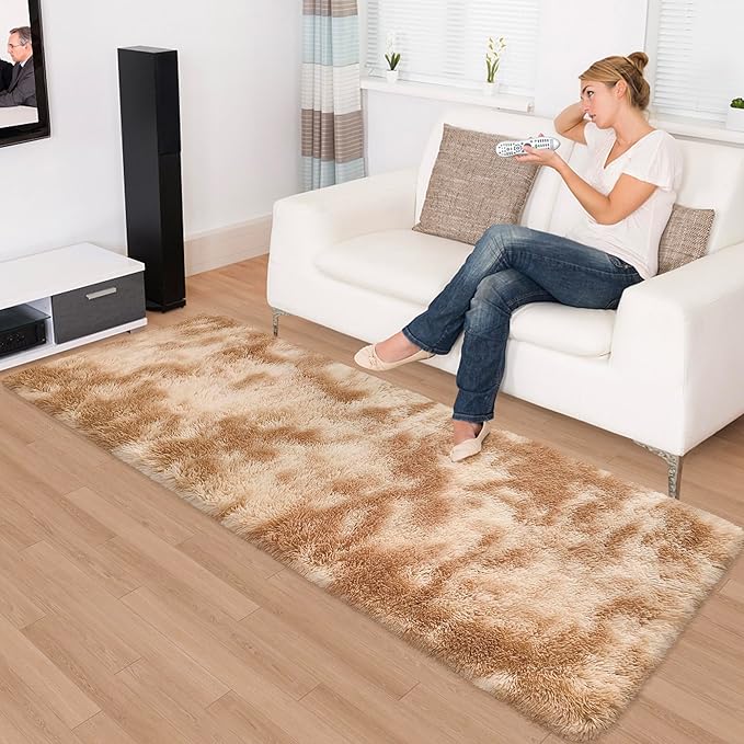Super Soft Fluffy Living Room Area Rugs 2x6 ft Tie-Dyed Beige Shaggy Furry - Image 2