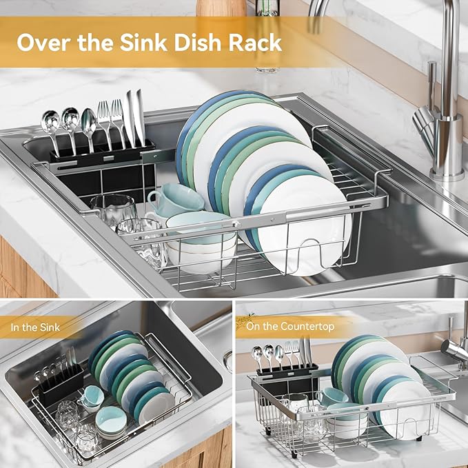 Expandable in Sink Dish Drying Rack, Adjustable Capacity Stainless Steel Over