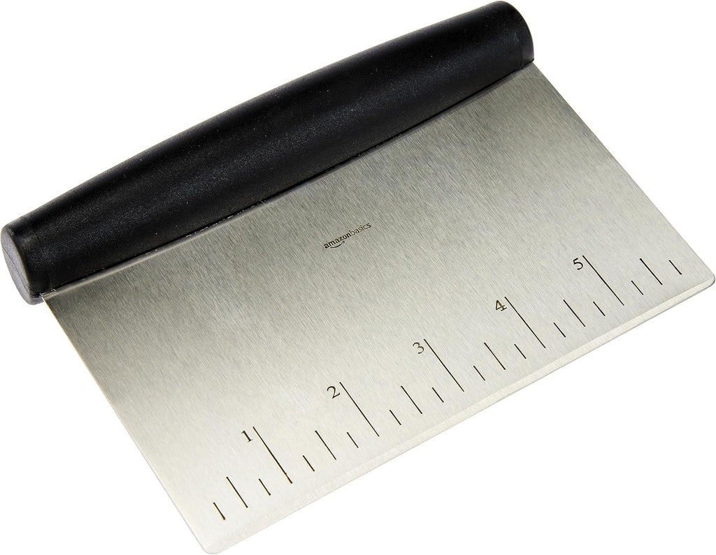 Amazon Basics Multi-Purpose Bench Scraper, Stainless Steel Dough Cutter with Measurement Marks, Dishwasher Safe, Non-slip Contoured Grip, 6", Black, Silver