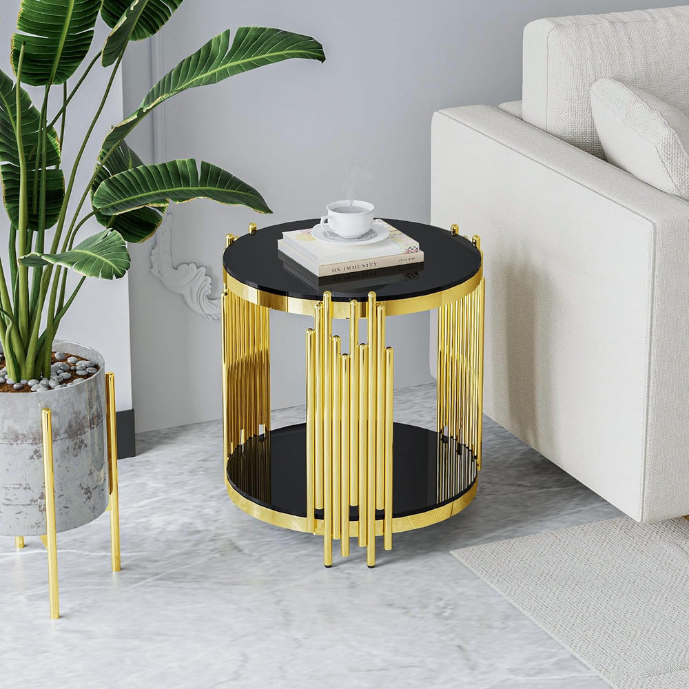 Luxury Gold Round Glass End Table, 19.7" Modern Side Table with Stainles...