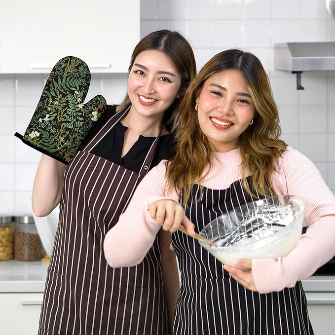 Botanical Print Floral Oven Mitts and Pot Holders Sets Black Sage Green Leaves - Image 7