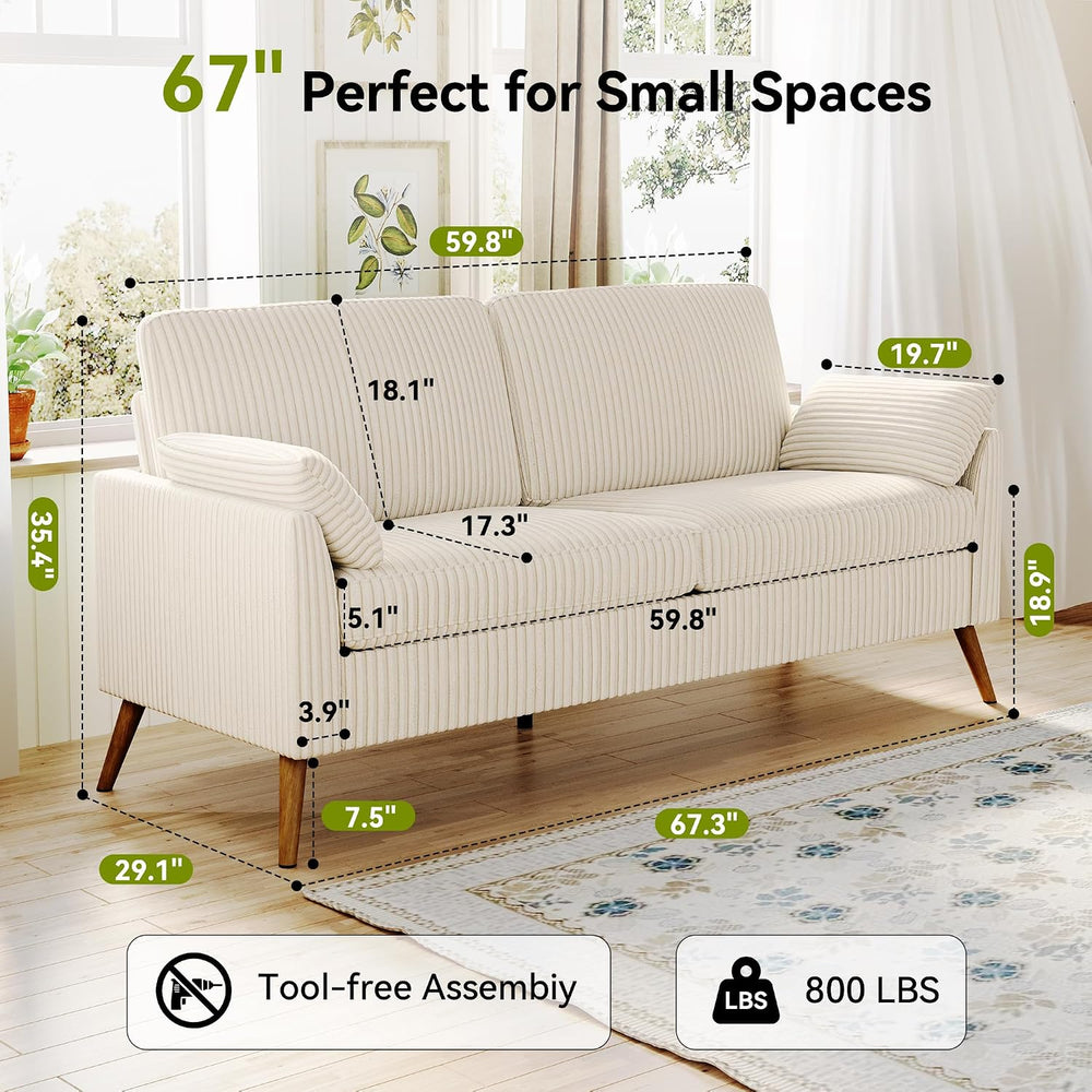 Loveseat Sofa, 67" Small Couch, White Corduroy Love Seat Couches