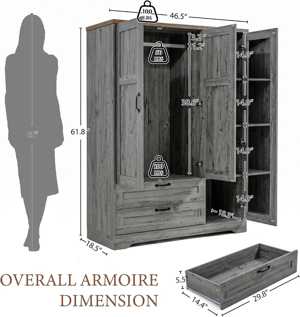 Brafab 62" Wooden Armoire Wardrobe Closet with Mirror, Grey, 3 Doors