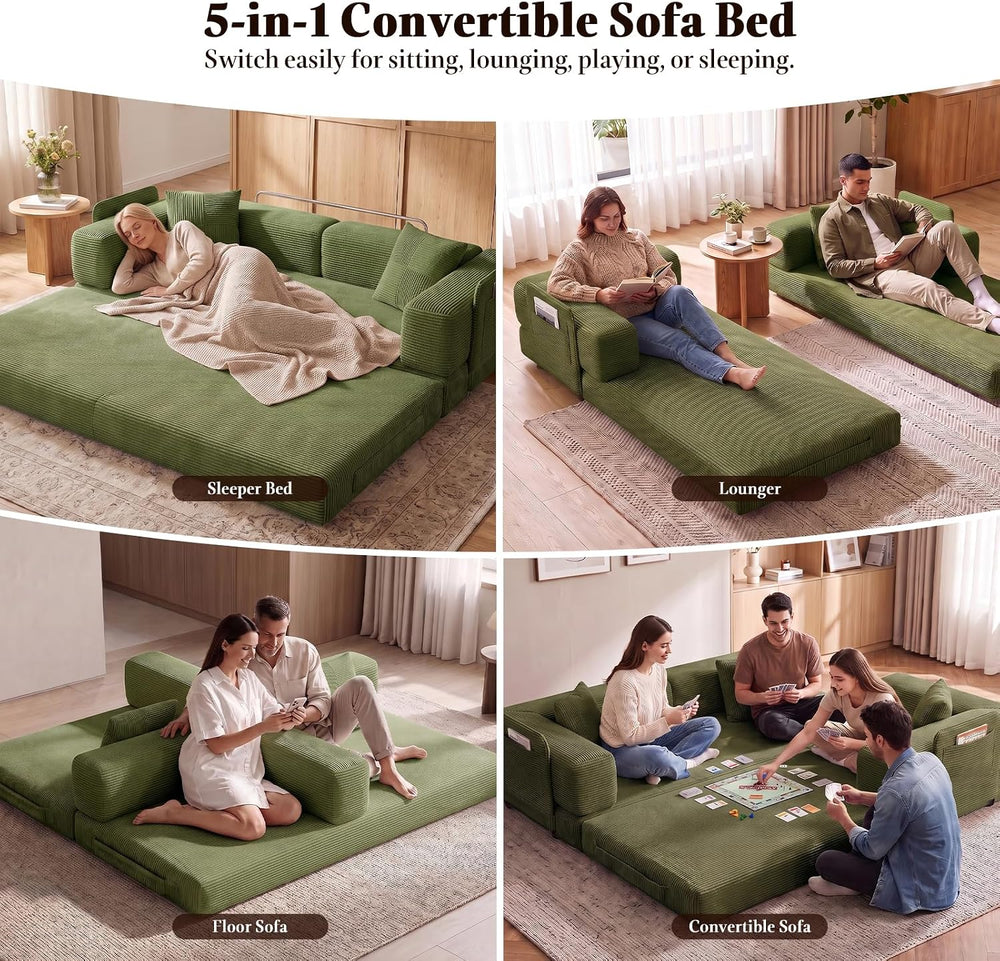 79.5" Convertible Floor Sofa Bed, 5-In-1 Corduroy Futon Couch, No Assembly