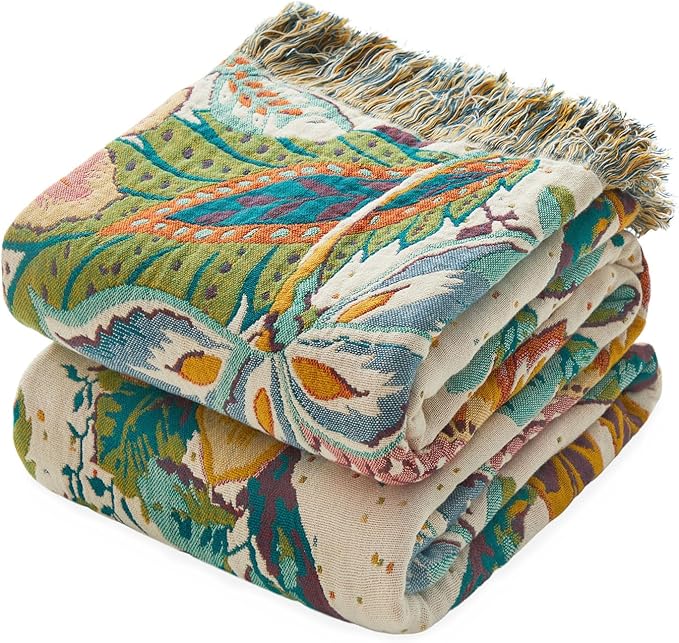 MSGKV Boho Throw Blanket for Couch 100% Cotton Floral Blanket 50"x60" Sofa Bed by MSGKVHomeTextiles