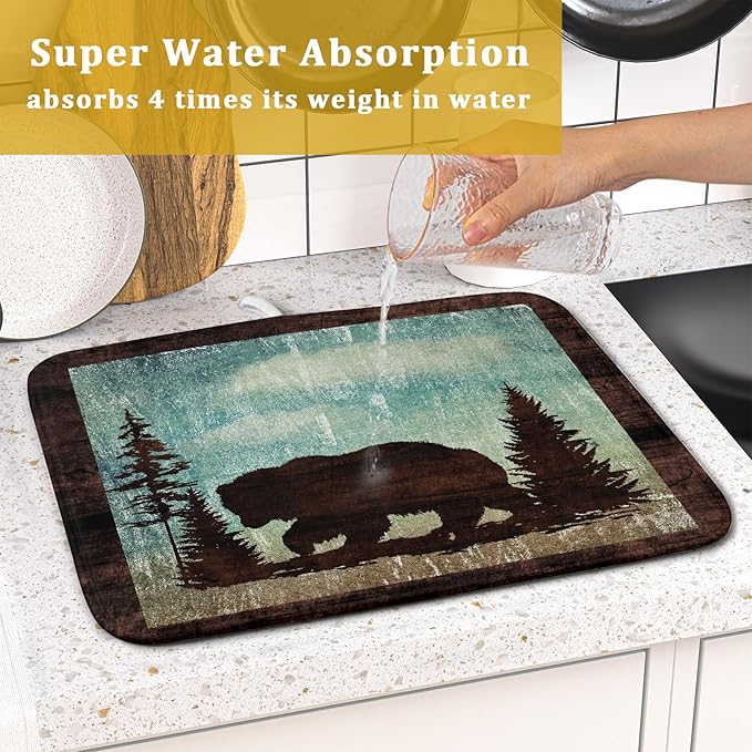 Giwawa Retro Brown Bear Forest Cabin Dish Drying Mat Countertop 16x18 Fall Blue - Image 7