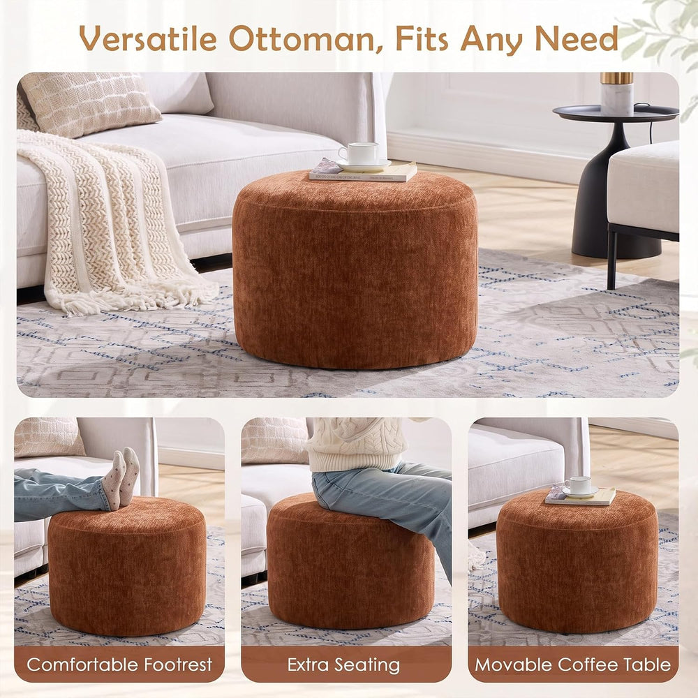 Upholstered Round Pouf Ottoman, Modern Footstool, Orange-Brown