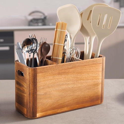 12" Wooden Kitchen Utensil Holder, Extra Large Acacia Wood Organizer by Unknown