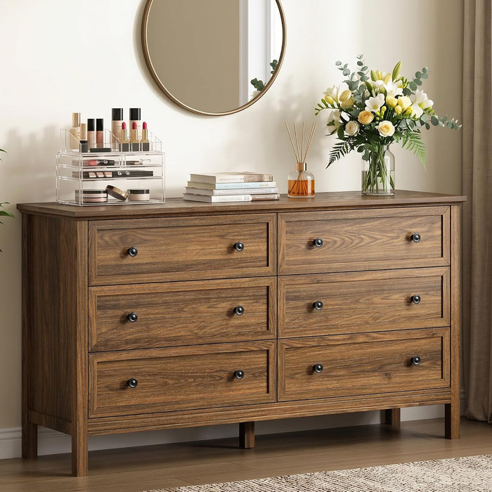 Walnut 6 Drawer Dresser for Bedroom, 55" Wood Chests of Drawers for Hallway