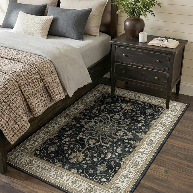 Area Rugs 3'x5' Washable Non-Slip, Floral Vintage Distress Print Pattern by RELEANY