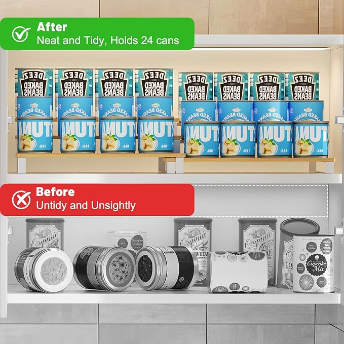 Expandable Can Organizer for Pantry, 3-Tier Adjustable Bamboo & Iron Can Rack - Image 9