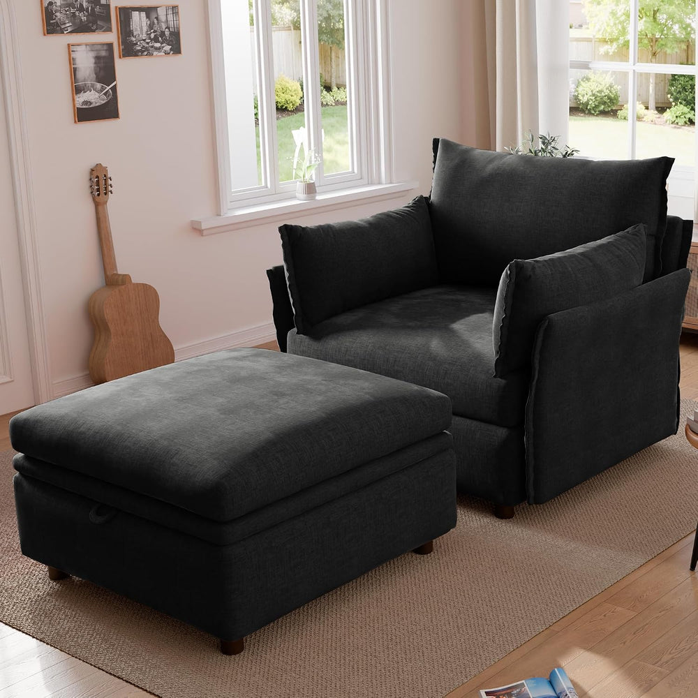 ABCASA Chenille Accent Chair with Storage Ottoman Chaise Lounge Chair,Black