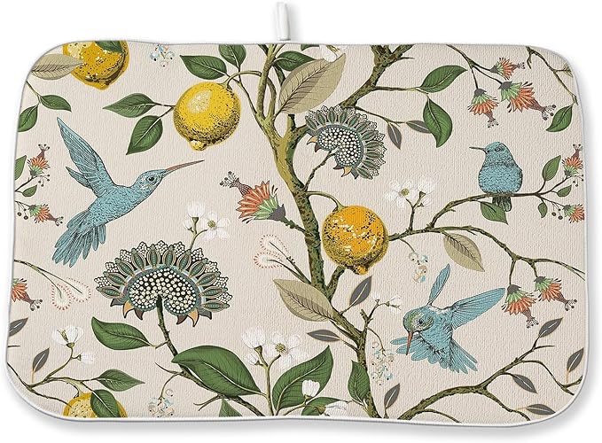 Boho Dish Drying Mat 18x24 Inch Vintage Lemon Floral Blue Bird Drying Mat by DAFENA