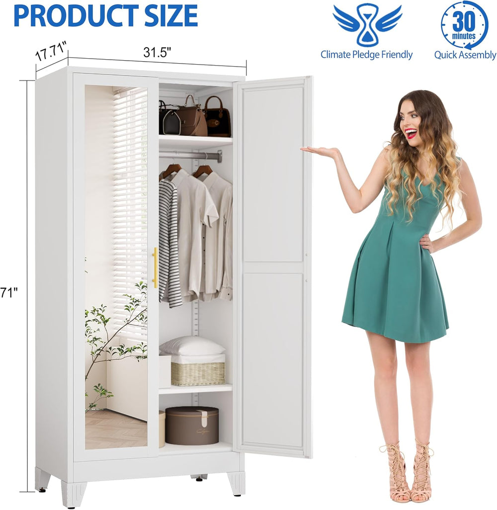 Metal Wardrobe Cabinet with Mirror and Hanging Rod, 71" White