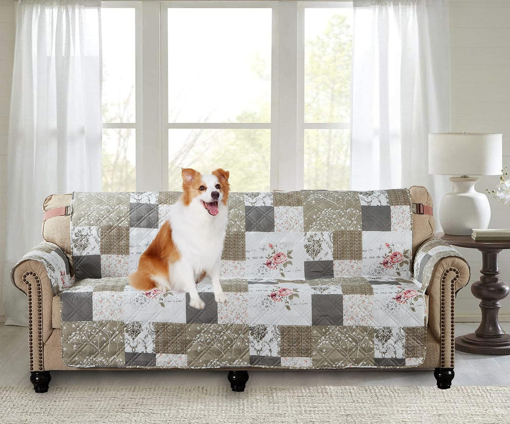 Brilliant Sunshine Pink Rose & Grey Toile Patchwork Couch Sofa Slip Cover