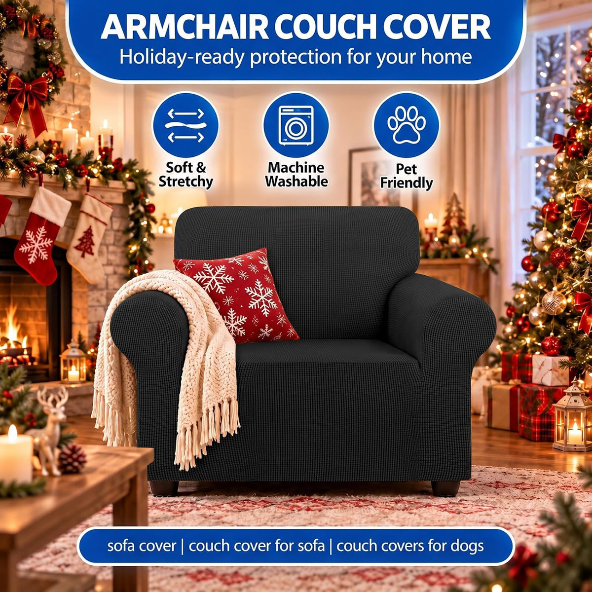 stretch chair sofa slipcover, single couch cover,black shown in use