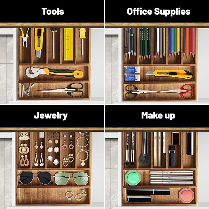 KITEISCAT Acacia Wood Silverware Organizer, Kitchen Utensil Drawer Organizer - Image 7