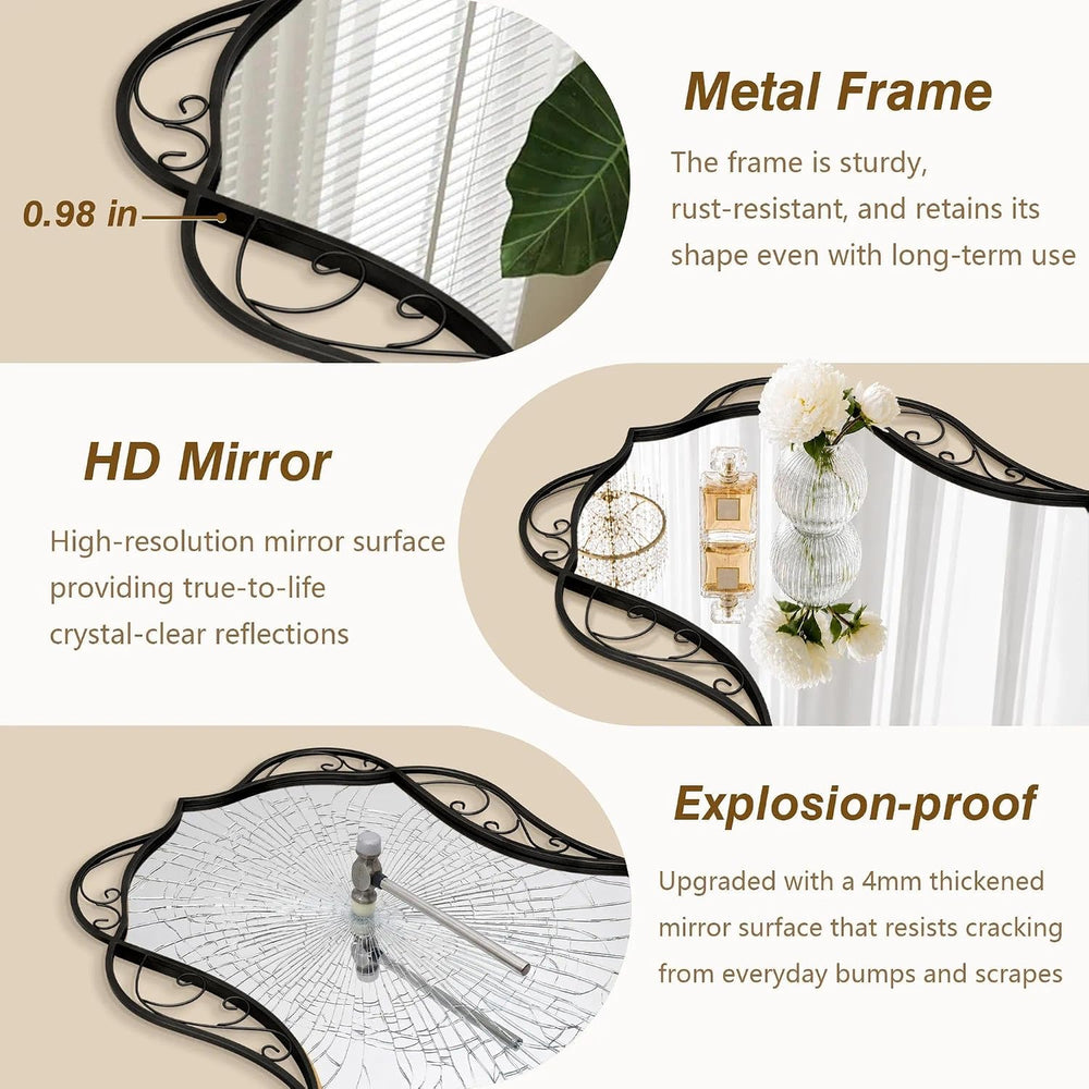 Besdomus Black Bathroom Wall Mirror: 24"x48" Framed Decorative Wavy...