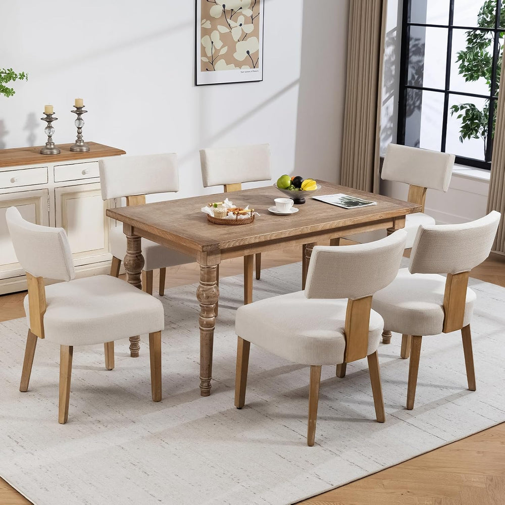 Dining Chairs, Fabric Upholstered Wood Kitchen Chairs Set of 6, Linen Curved ...