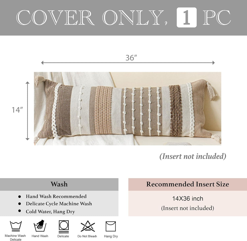 BlissBlush Brown Decorative Lumbar Pillow Cover 14x36 Boho Long Body Pillow f...