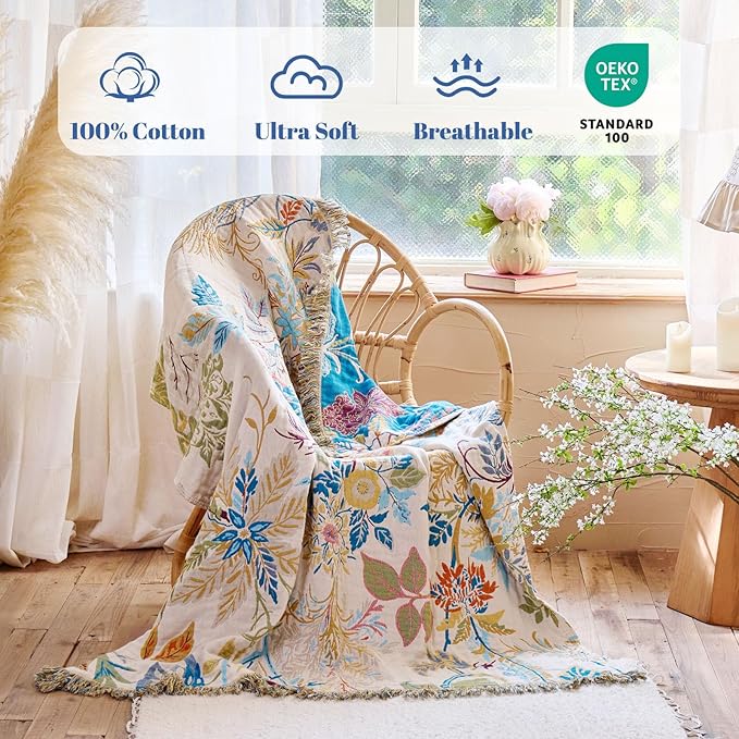 MSGKV Boho Throw Blanket for Bed Cotton 60"x80" Floral Blanket Twin Size Couch - Image 2