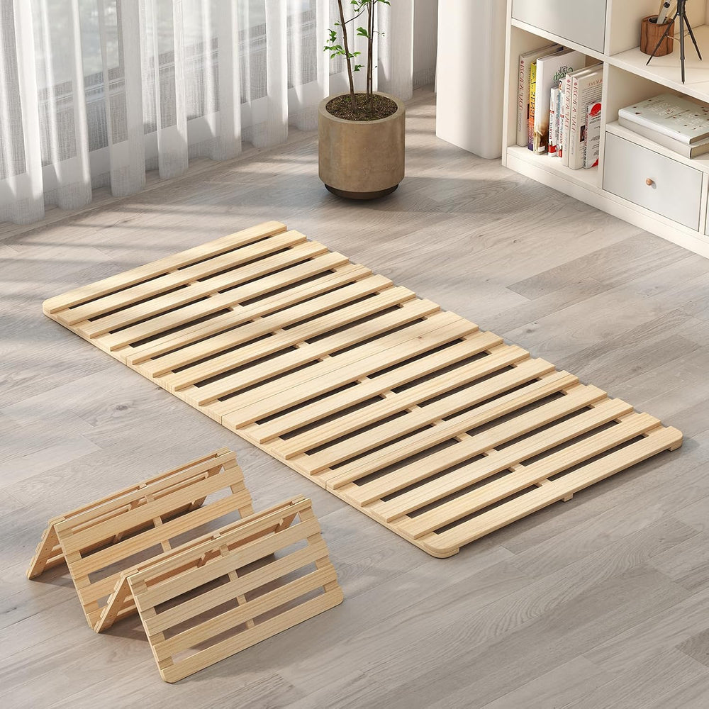 Twin Size Foldable Floor Bed Frame, Solid Wood Slat Base for Futon Mattress