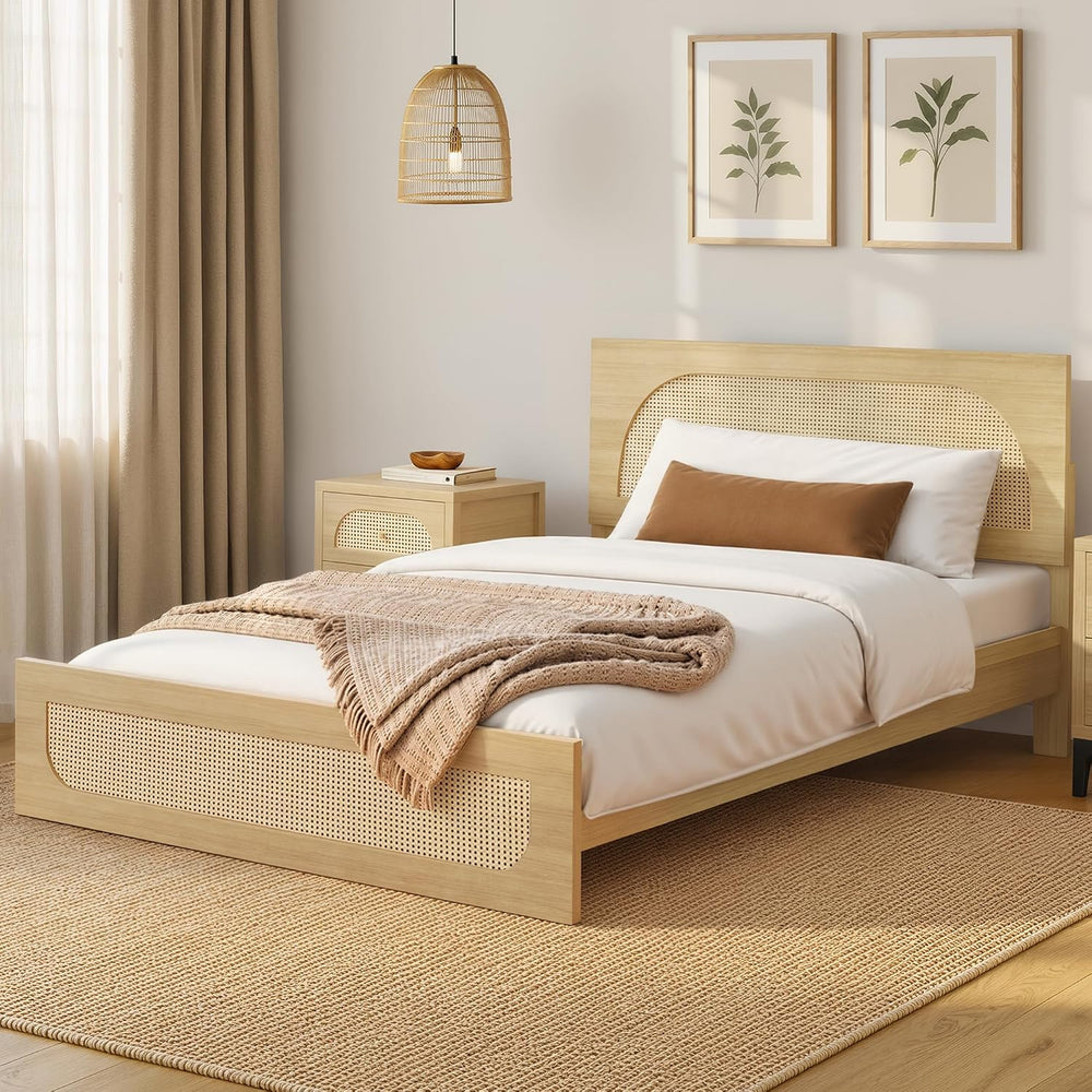 KISLOT Boho Rattan Bed Frame, Farmhouse Platform, Natural, Queen